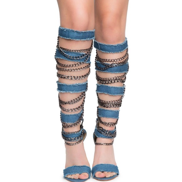 CAPE ROBBIN Denim & Black Chained High Heels - Picture 5 of 5